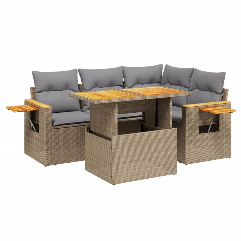 5 Piece Garden Sofa Set with Cushions Beige Poly Rattan Payday Deals