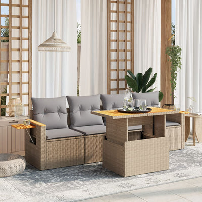 5 Piece Garden Sofa Set with Cushions Beige Poly Rattan