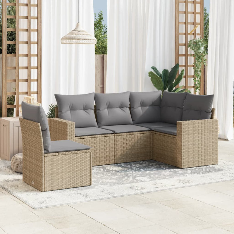 5 Piece Garden Sofa Set with Cushions Beige Poly Rattan Payday Deals
