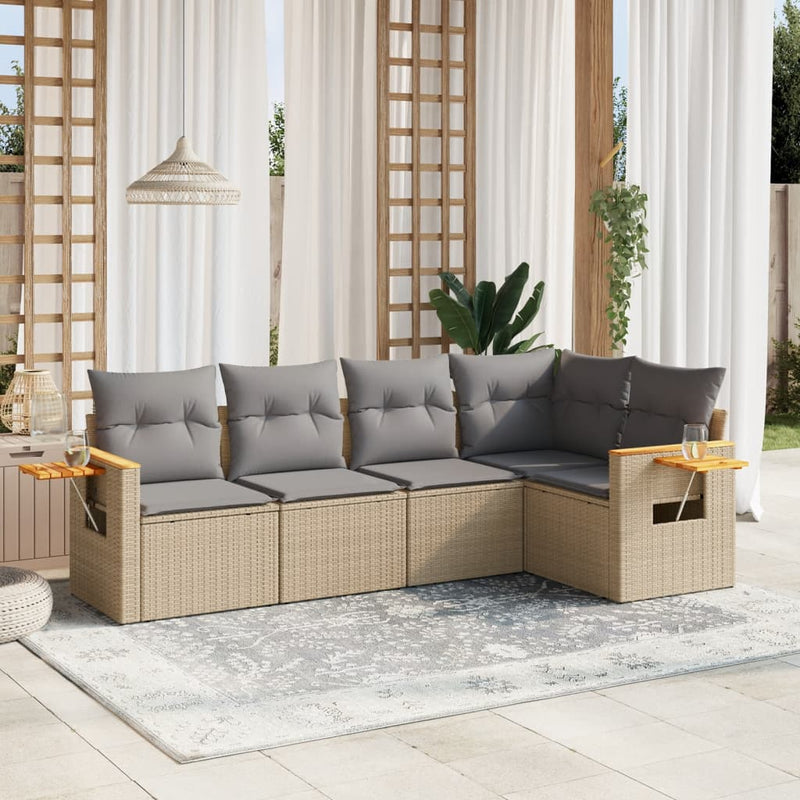 5 Piece Garden Sofa Set with Cushions Beige Poly Rattan Payday Deals