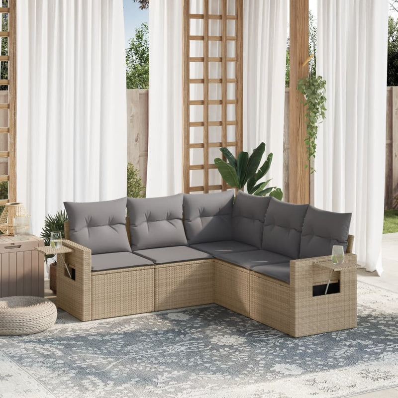 5 Piece Garden Sofa Set with Cushions Beige Poly Rattan Payday Deals