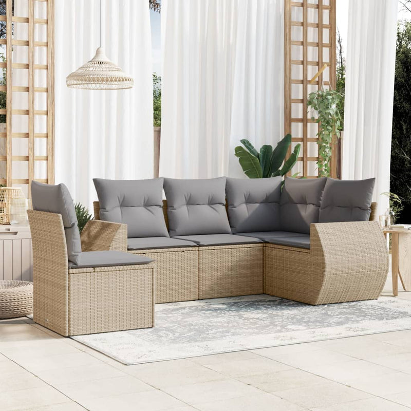 5 Piece Garden Sofa Set with Cushions Beige Poly Rattan Payday Deals