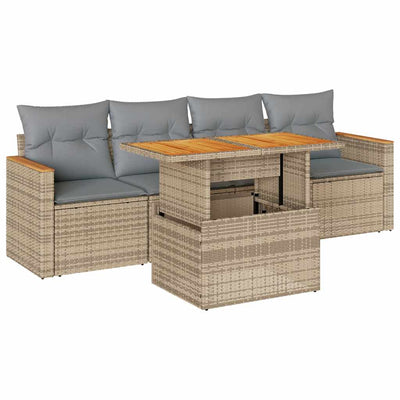 5 Piece Garden Sofa Set with Cushions Beige Poly Rattan Acacia Payday Deals