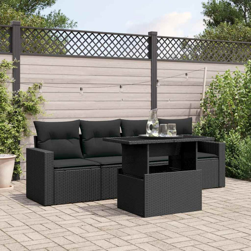 5 Piece Garden Sofa Set with Cushions Black Poly Rattan Payday Deals