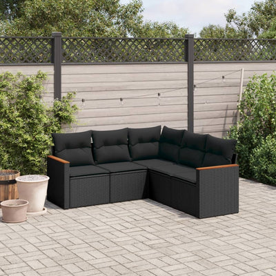 5 Piece Garden Sofa Set with Cushions Black Poly Rattan Payday Deals