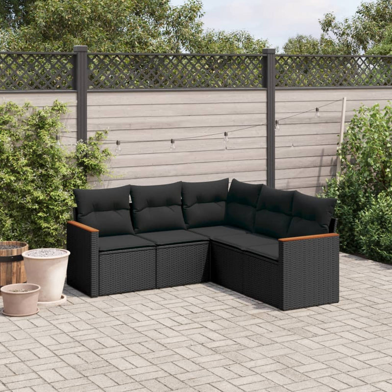 5 Piece Garden Sofa Set with Cushions Black Poly Rattan Payday Deals