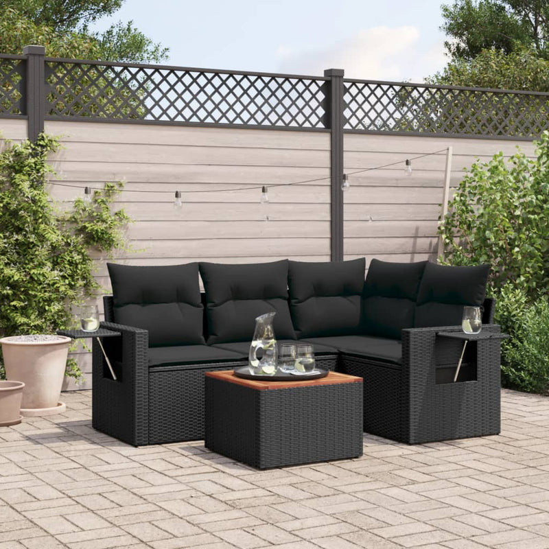 5 Piece Garden Sofa Set with Cushions Black Poly Rattan Payday Deals