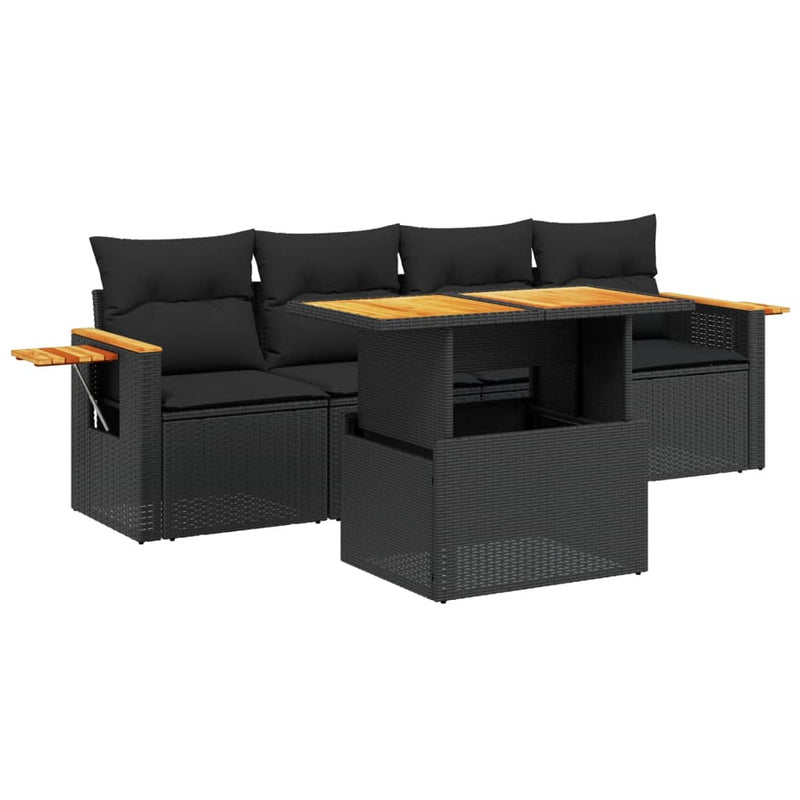 5 Piece Garden Sofa Set with Cushions Black Poly Rattan Payday Deals