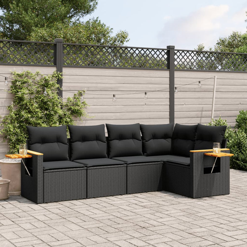 5 Piece Garden Sofa Set with Cushions Black Poly Rattan Payday Deals