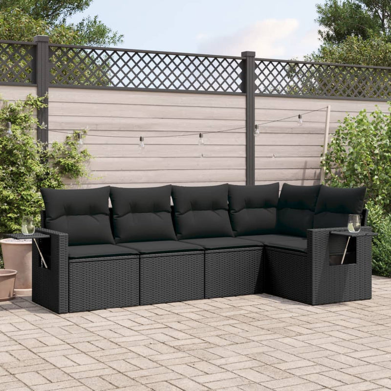 5 Piece Garden Sofa Set with Cushions Black Poly Rattan Payday Deals