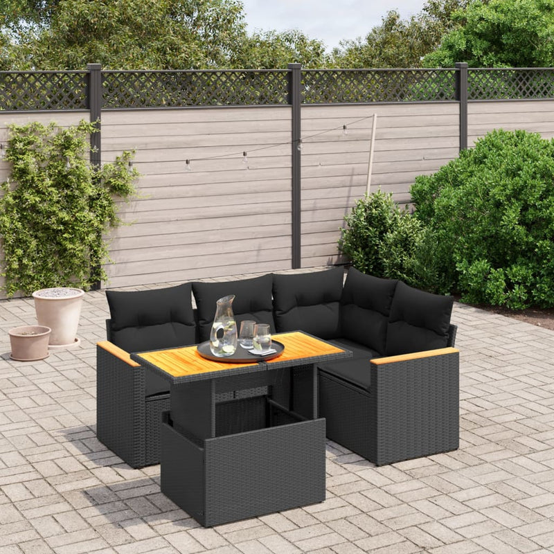 5 Piece Garden Sofa Set with Cushions Black Poly Rattan Payday Deals