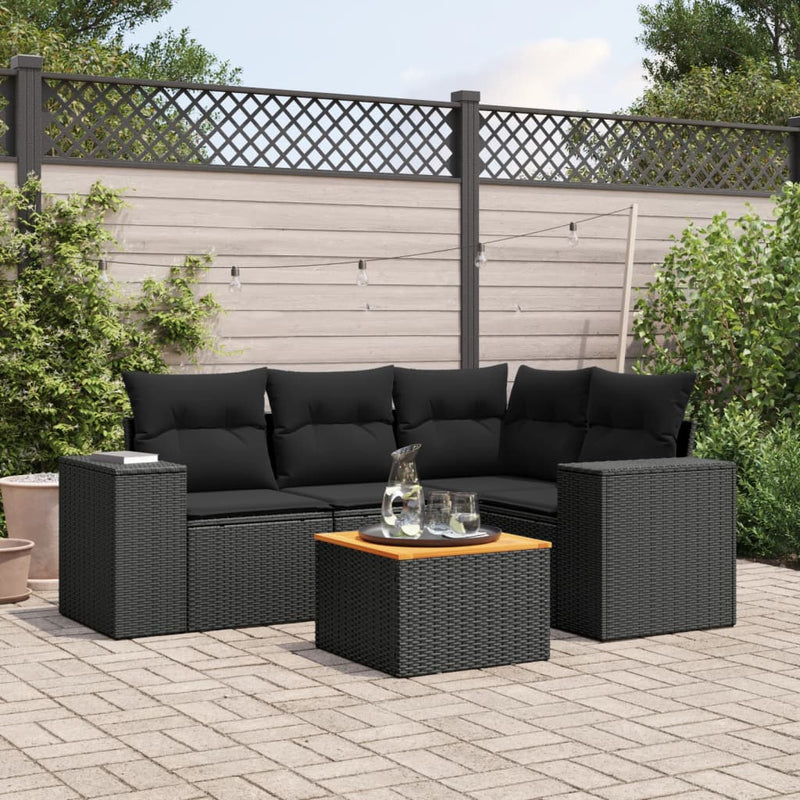 5 Piece Garden Sofa Set with Cushions Black Poly Rattan Payday Deals
