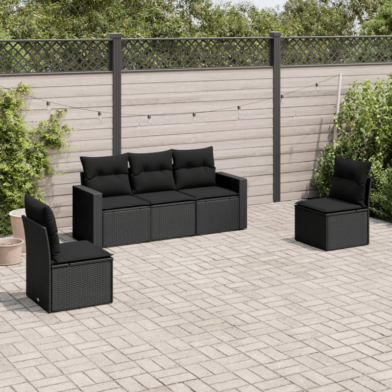 5 Piece Garden Sofa Set with Cushions Black Poly Rattan Payday Deals