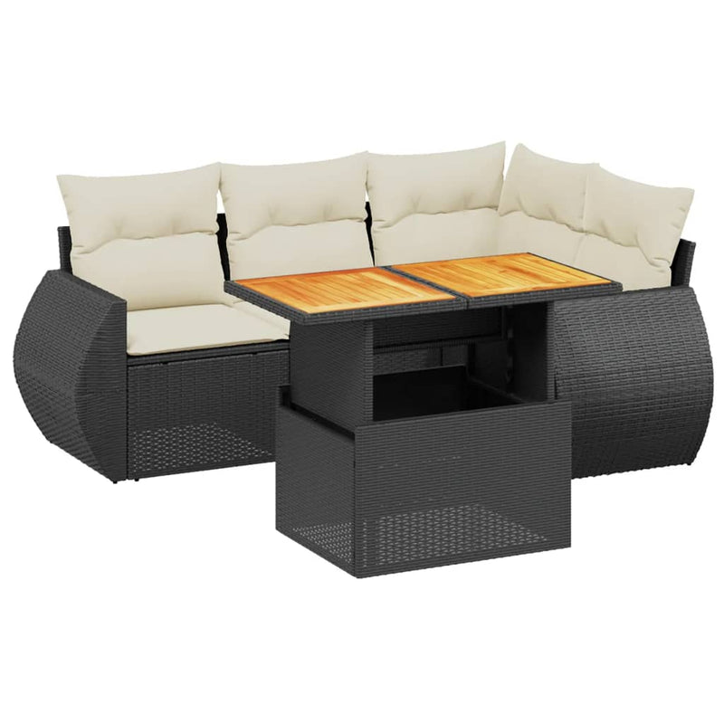 5 Piece Garden Sofa Set with Cushions Black Poly Rattan Payday Deals