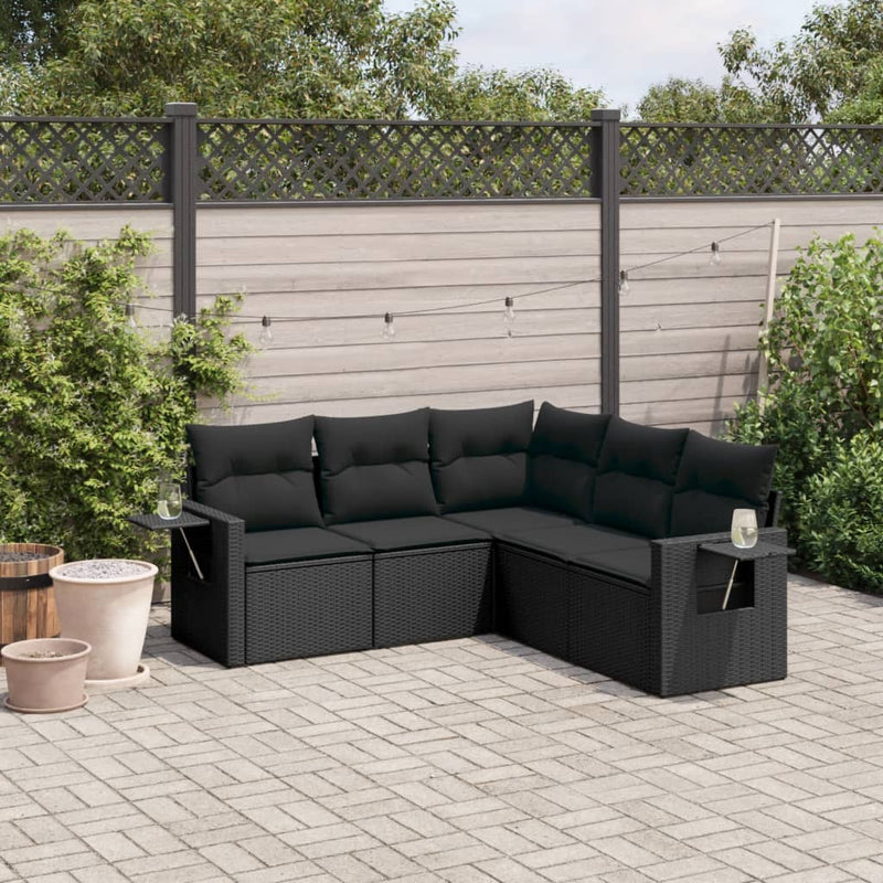 5 Piece Garden Sofa Set with Cushions Black Poly Rattan Payday Deals