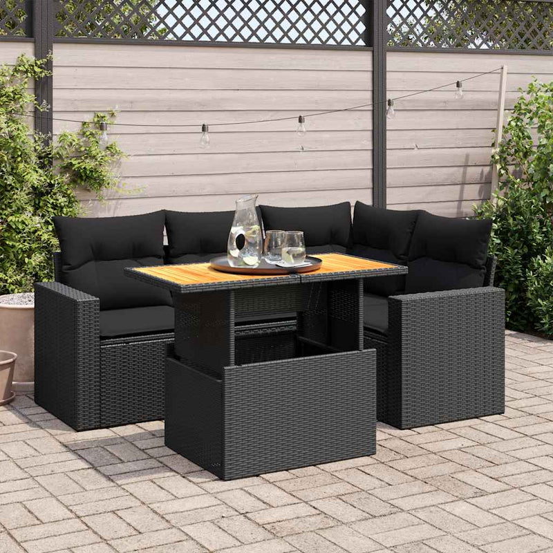 5 Piece Garden Sofa Set with Cushions Black Poly Rattan Payday Deals
