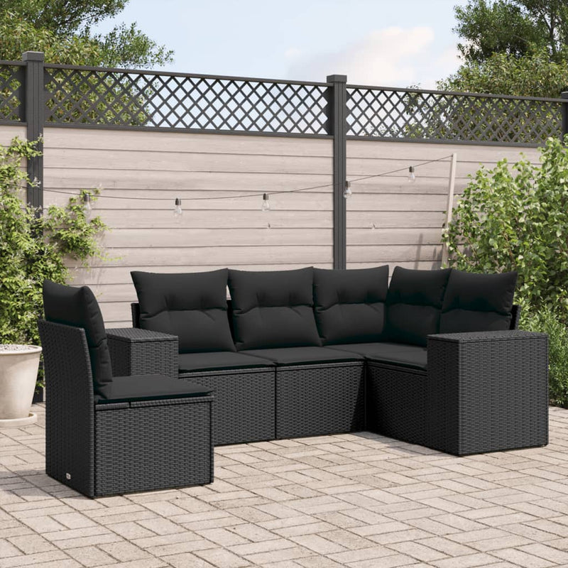 5 Piece Garden Sofa Set with Cushions Black Poly Rattan Payday Deals