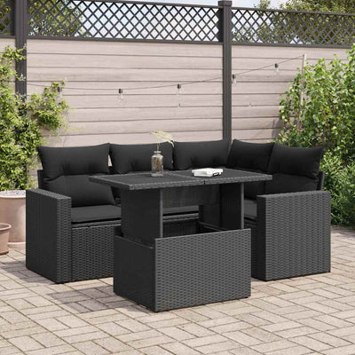 5 Piece Garden Sofa Set with Cushions Black Poly Rattan