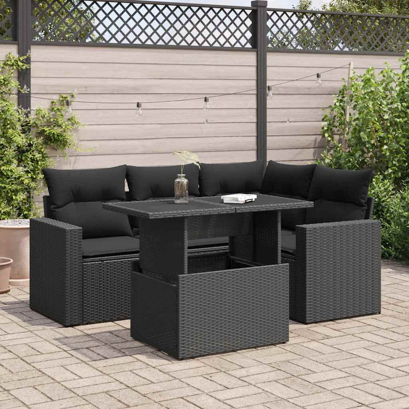 5 Piece Garden Sofa Set with Cushions Black Poly Rattan Payday Deals