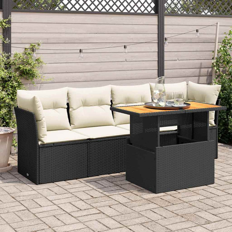5 Piece Garden Sofa Set with Cushions Black Poly Rattan Payday Deals