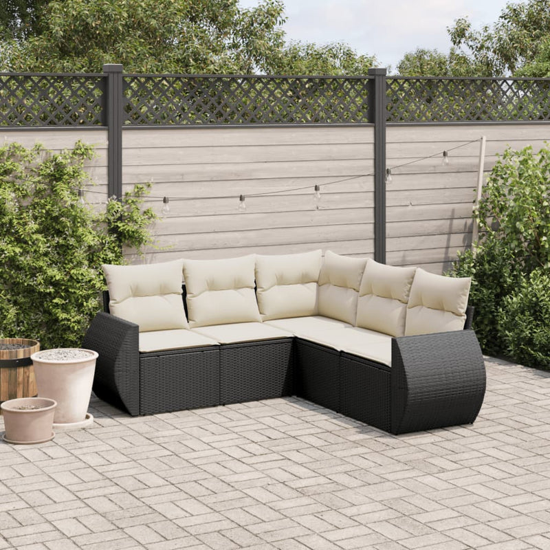 5 Piece Garden Sofa Set with Cushions Black Poly Rattan Payday Deals