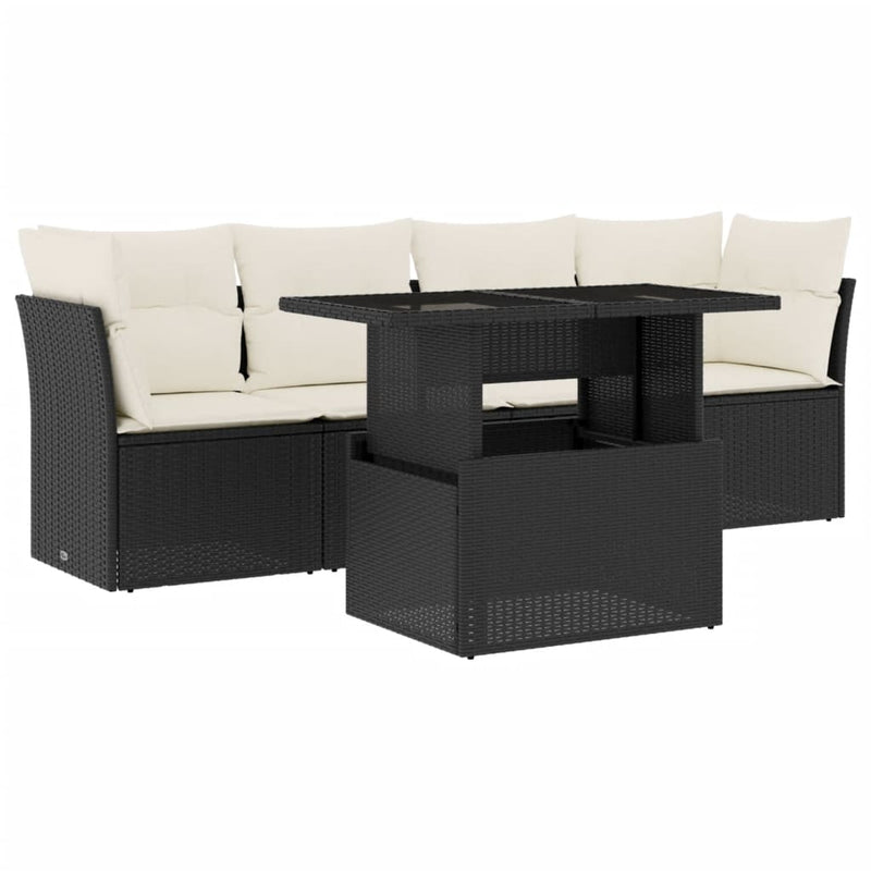 5 Piece Garden Sofa Set with Cushions Black Poly Rattan Payday Deals