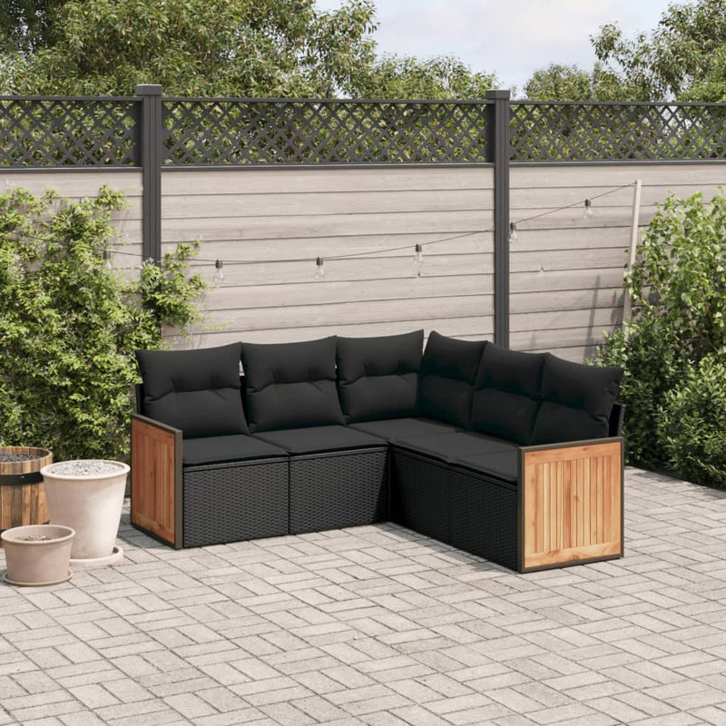 5 Piece Garden Sofa Set with Cushions Black Poly Rattan Payday Deals