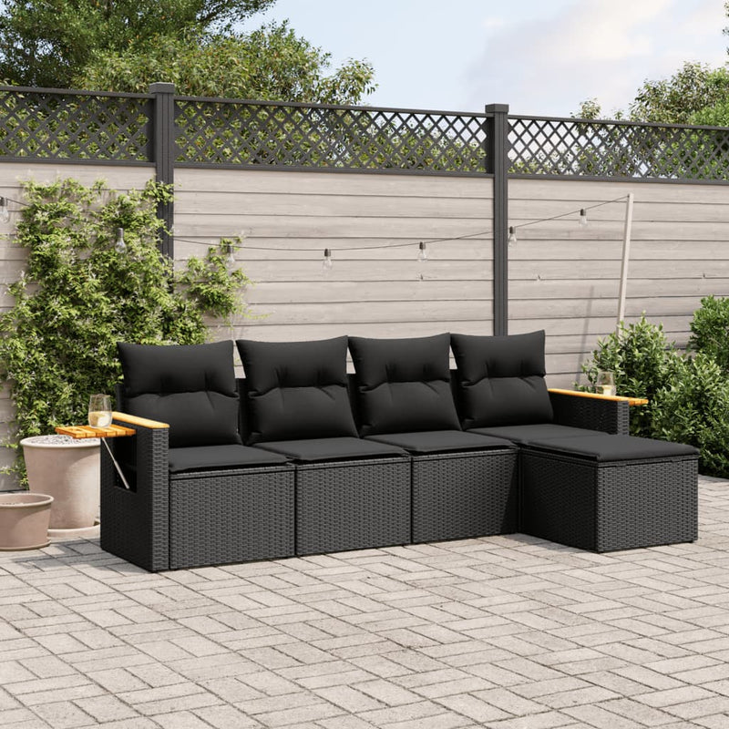 5 Piece Garden Sofa Set with Cushions Black Poly Rattan Payday Deals