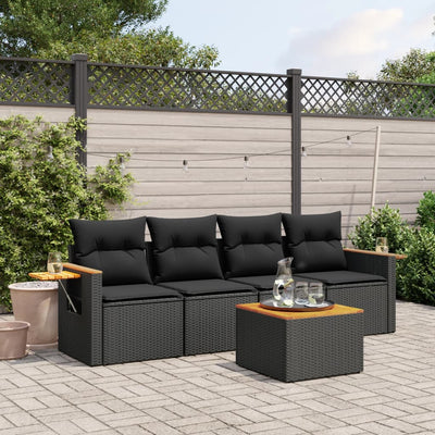 5 Piece Garden Sofa Set with Cushions Black Poly Rattan