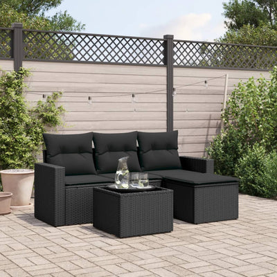 5 Piece Garden Sofa Set with Cushions Black Poly Rattan