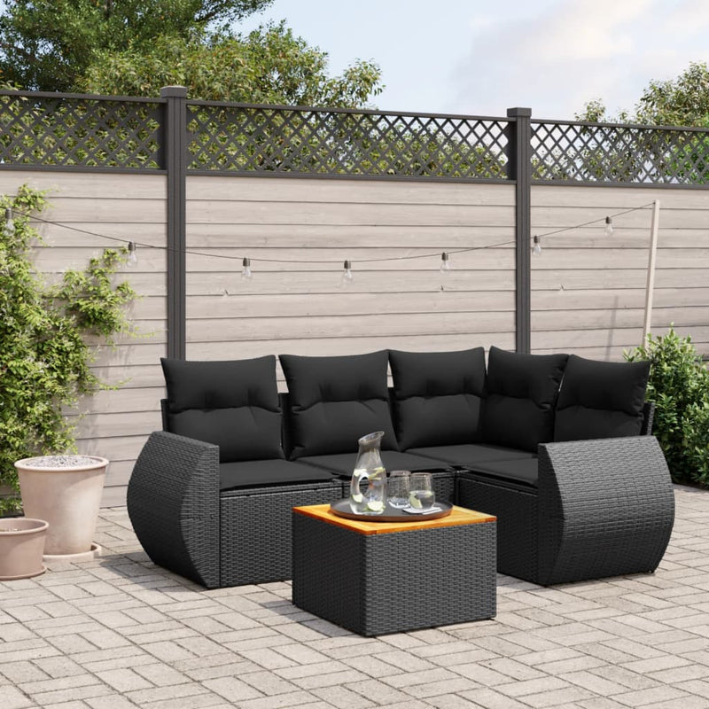 5 Piece Garden Sofa Set with Cushions Black Poly Rattan Payday Deals