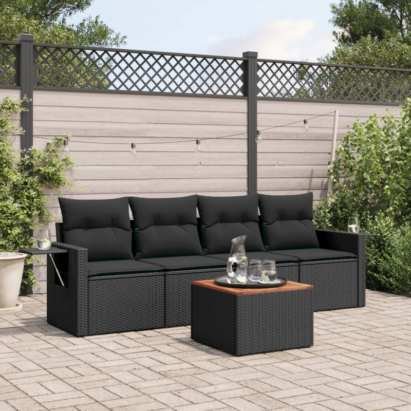 5 Piece Garden Sofa Set with Cushions Black Poly Rattan Payday Deals