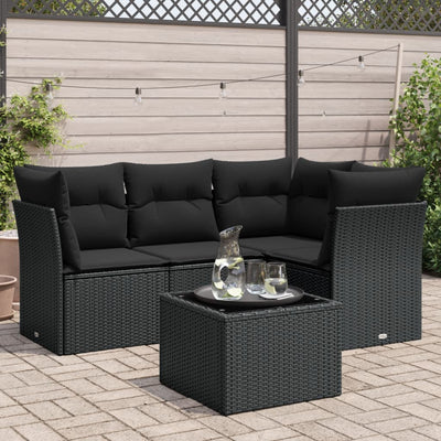 5 Piece Garden Sofa Set with Cushions Black Poly Rattan