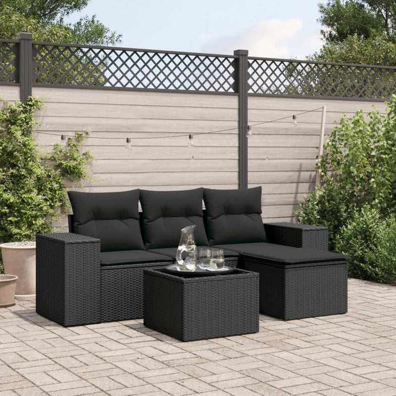 5 Piece Garden Sofa Set with Cushions Black Poly Rattan Payday Deals