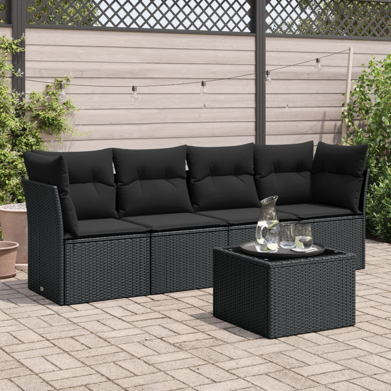 5 Piece Garden Sofa Set with Cushions Black Poly Rattan Payday Deals