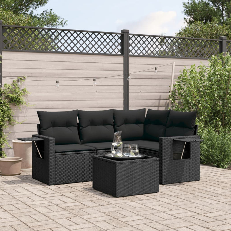 5 Piece Garden Sofa Set with Cushions Black Poly Rattan Payday Deals