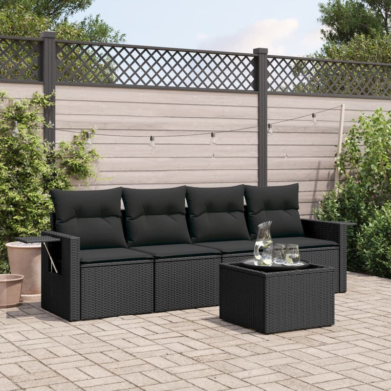 5 Piece Garden Sofa Set with Cushions Black Poly Rattan Payday Deals