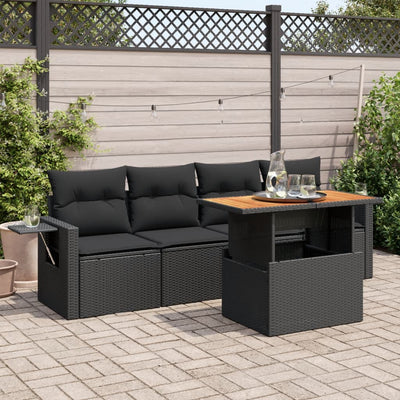 5 Piece Garden Sofa Set with Cushions Black Poly Rattan