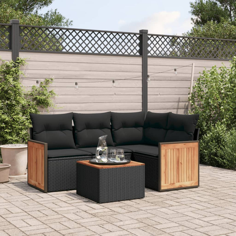 5 Piece Garden Sofa Set with Cushions Black Poly Rattan Payday Deals