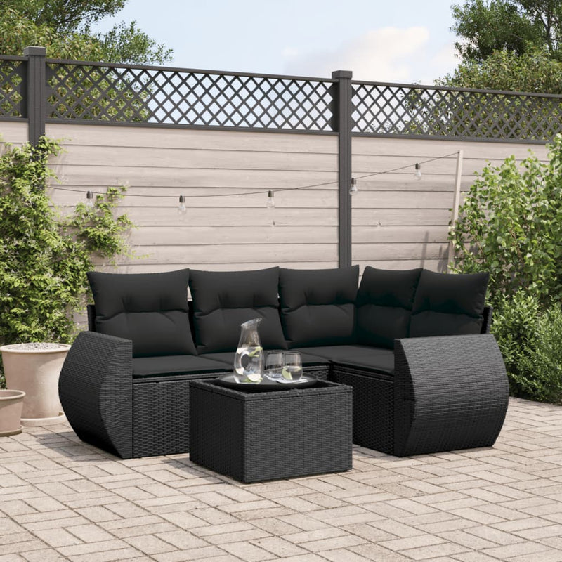 5 Piece Garden Sofa Set with Cushions Black Poly Rattan Payday Deals