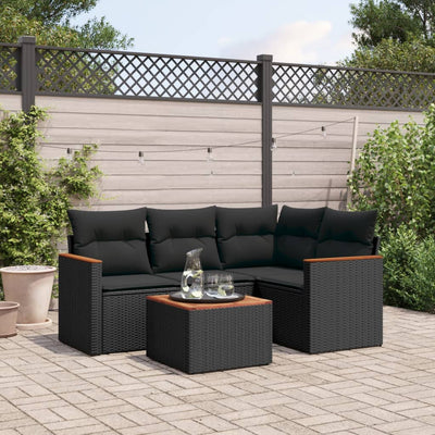 5 Piece Garden Sofa Set with Cushions Black Poly Rattan