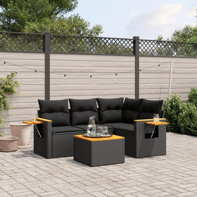 5 Piece Garden Sofa Set with Cushions Black Poly Rattan Payday Deals