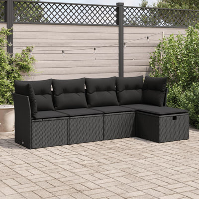 5 Piece Garden Sofa Set with Cushions Black Poly Rattan