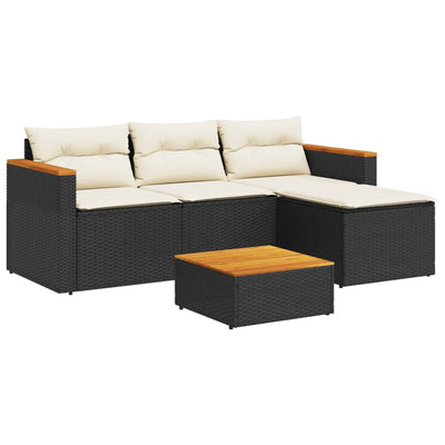5 Piece Garden Sofa Set with Cushions Black Poly Rattan Acacia Payday Deals