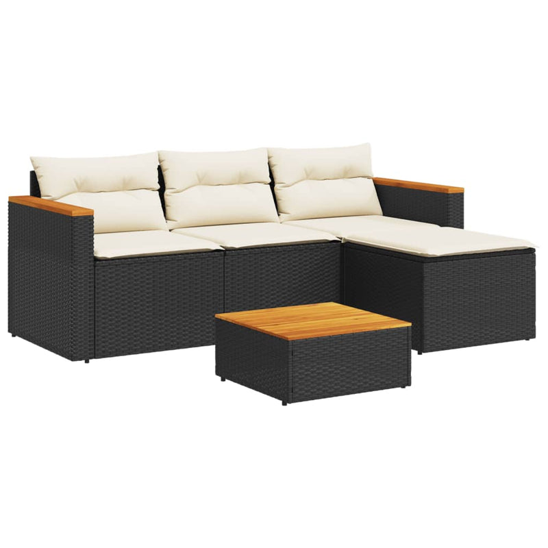 5 Piece Garden Sofa Set with Cushions Black Poly Rattan Acacia Payday Deals