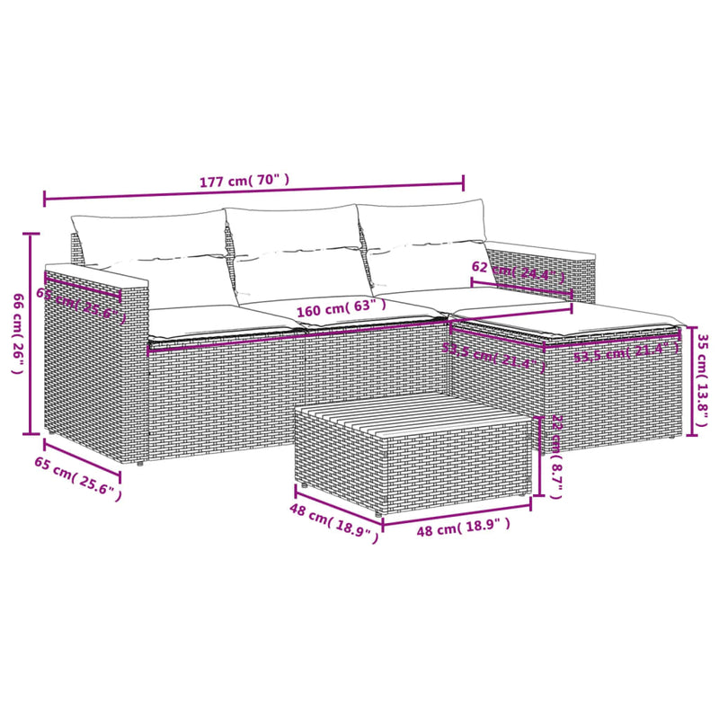 5 Piece Garden Sofa Set with Cushions Black Poly Rattan Acacia Payday Deals