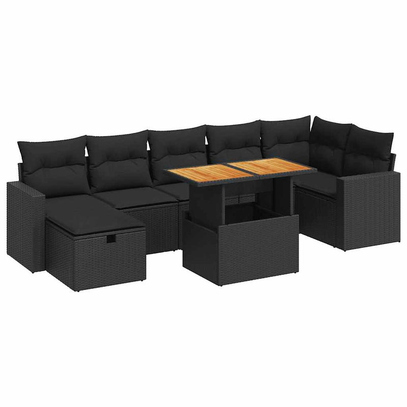 5 Piece Garden Sofa Set with Cushions Black Poly Rattan Acacia Payday Deals