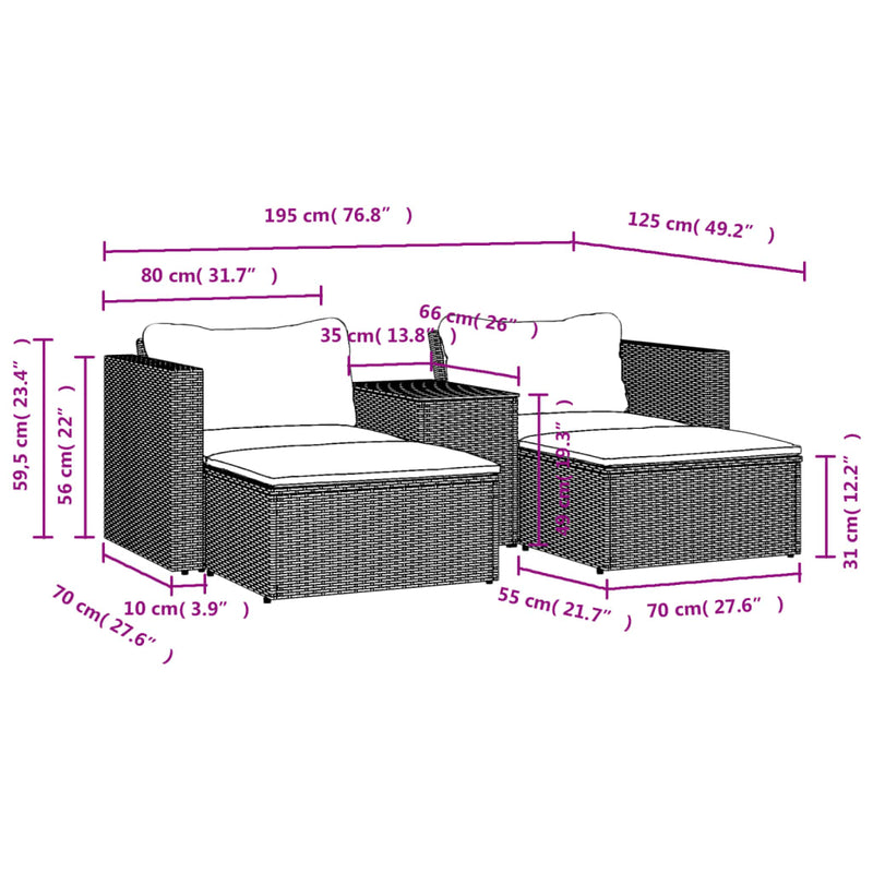 5 Piece Garden Sofa Set with Cushions Black Poly Rattan Acacia Payday Deals