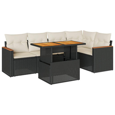 5 Piece Garden Sofa Set with Cushions Black Poly Rattan Acacia Payday Deals