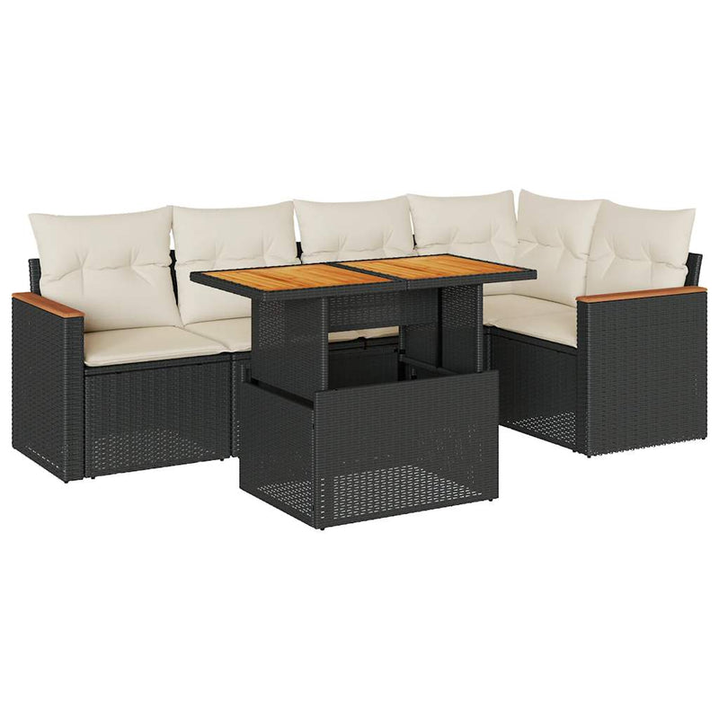 5 Piece Garden Sofa Set with Cushions Black Poly Rattan Acacia Payday Deals